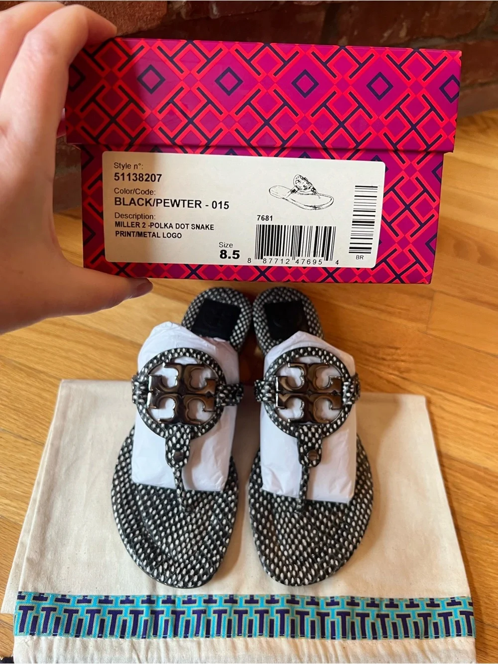 Tory Burch Black Polka Dot Snake Print Embossed Leather Metal Miller 2 Sandals